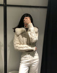 Faux Fur Fur Collar Stitched Knitted Jacket