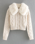 Faux Fur Fur Collar Stitched Knitted Jacket