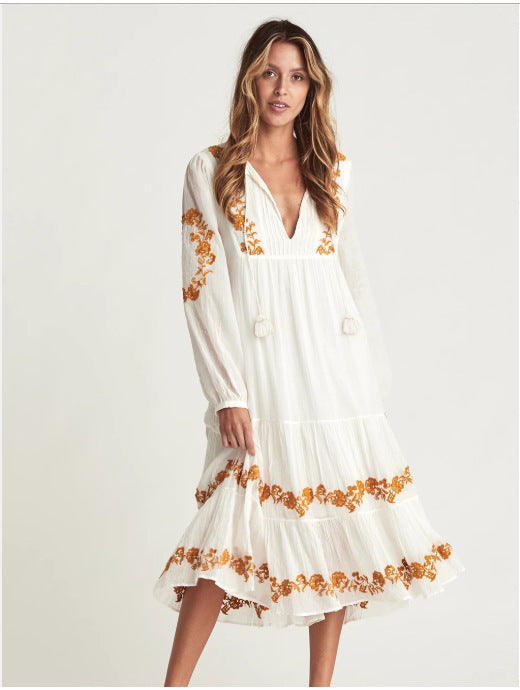 Women’s V-Neck Embroidered Loose Dress – Cotton British Style Mid-Length Skirt
