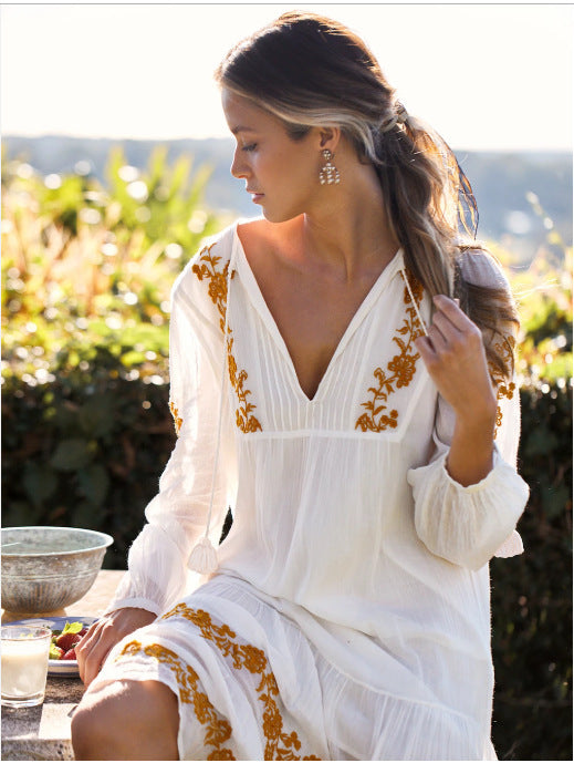 Women’s V-Neck Embroidered Loose Dress – Cotton British Style Mid-Length Skirt