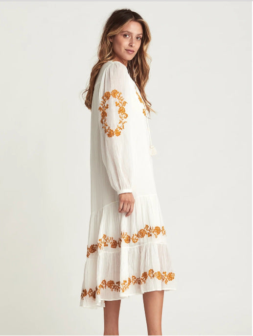 Women’s V-Neck Embroidered Loose Dress – Cotton British Style Mid-Length Skirt