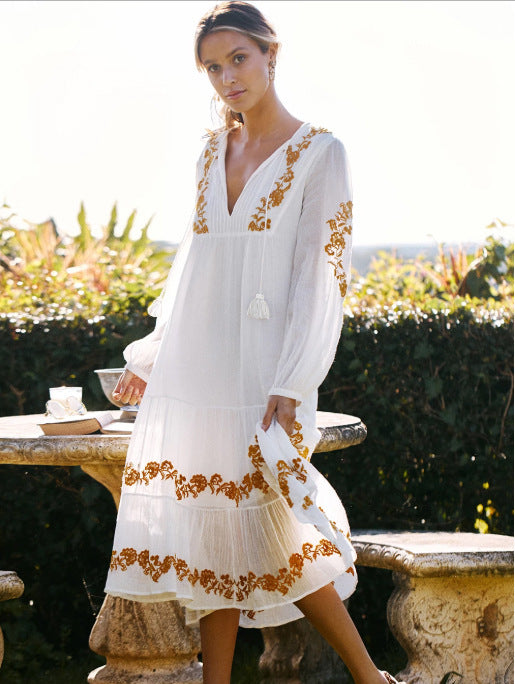 Women’s V-Neck Embroidered Loose Dress – Cotton British Style Mid-Length Skirt
