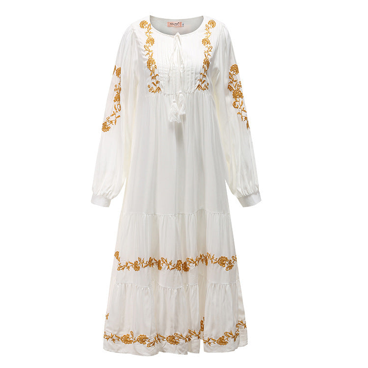 Women’s V-Neck Embroidered Loose Dress – Cotton British Style Mid-Length Skirt