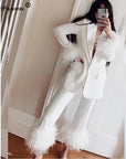 Tee Collar Splice Suit Coat Feather Decorative Straight Trousers Two Piece Set