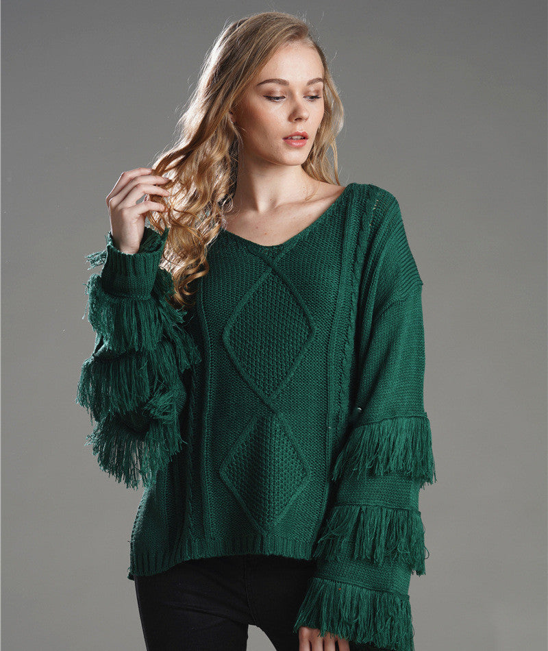 Loose Sweater Women Tassel Pure Color