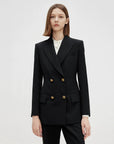 Women’s Double-Breasted Suit Jacket – Slim Fit Black Blazer with Suit Collar Long Sleeve Office Blazer