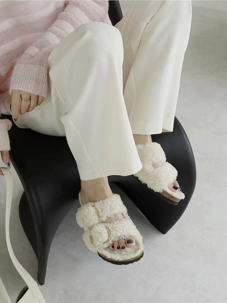 Women’s Lazybones Outdoor Fur Slippers – Warm Cotton Cork Sole Casual Non-Slip Slides