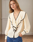 New Women's V-neck Retro Loose-fit Contrast-color Pleated Blouse