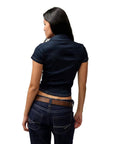 Women’s Slim-Fit Asymmetrical Denim Cowboy Shirt – Short Sleeve, Dark Blue