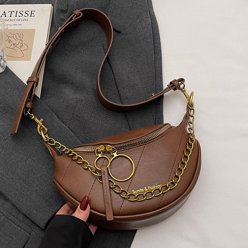 Women’s Saddle Crossbody Bag – Small PU Leather Shoulder Purse with Detachable Chain Strap and Zipper Closure