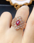 Silver Natural Burnt Ruby Main Stone 4x6 Ring , Adjustable ring size