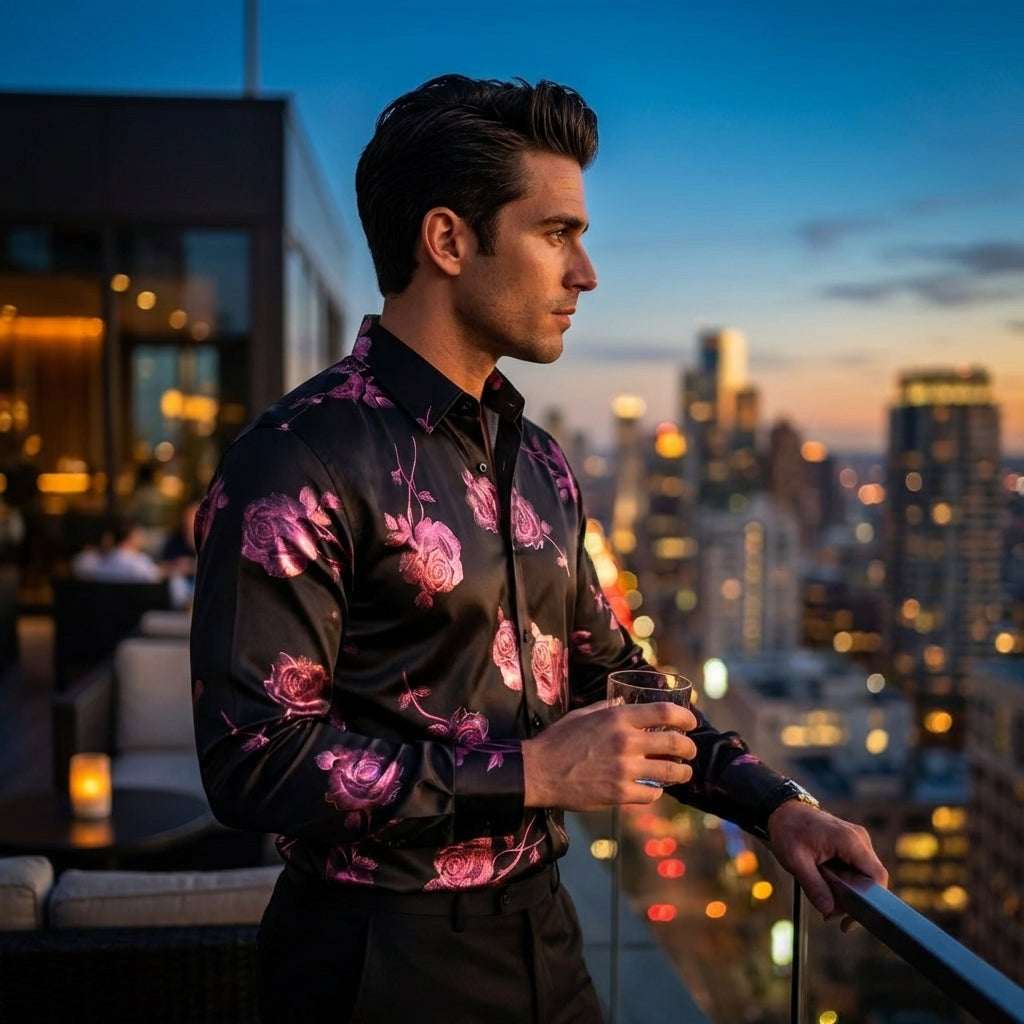 Men Floral Print Long Sleeve Shirt – 3D Digital Printed Stretch Slim Fit Urban Lapel Dress Shirt