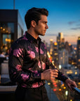 Men Floral Print Long Sleeve Shirt – 3D Digital Printed Stretch Slim Fit Urban Lapel Dress Shirt