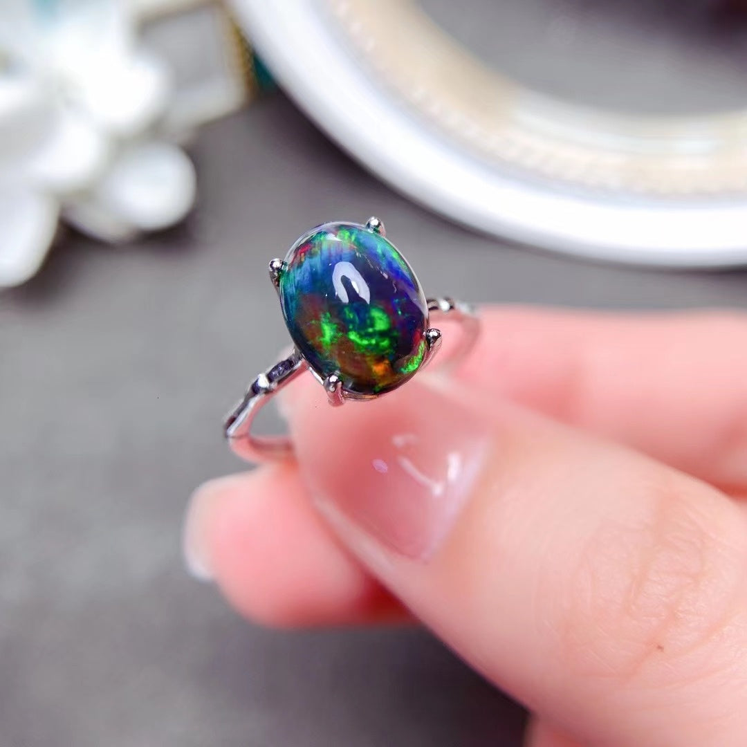 925 Silver Delicate Mosaic Natural Black Opal Ring  (3 to 7 days shipping)