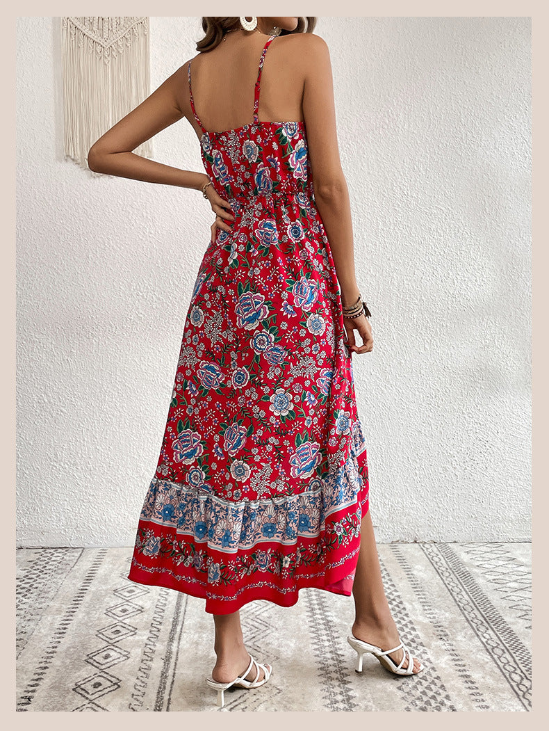 👗 Women’s Printed Sling Dress – Wine Red Asymmetric Vacation Style