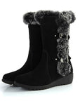 Brown New Winter Women Casual Warm Fur Mid-Calf Boots Shoes Women Slip-On Round Toe Flats Snow Boots Shoes