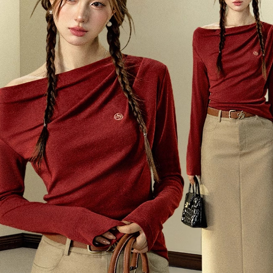 Diagonal Collar Bottoming Shirt Elegant Knitted