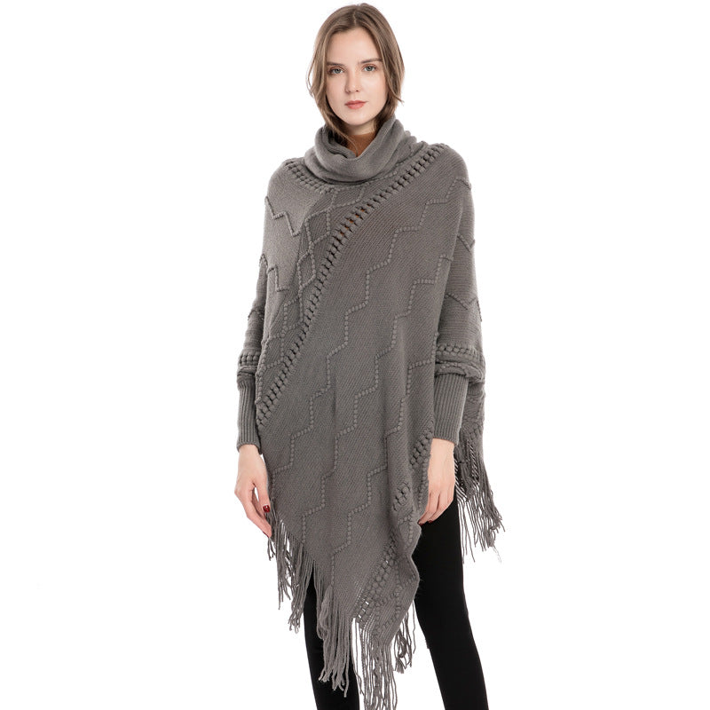 Acrylic Fringed Sweater High Collar Warm Sleeve Pullover Cloak