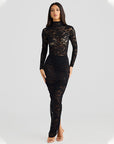 Women’s Slim-Fit See-Through Two-Piece Set – Half Turtleneck Bare-Back Lace Patchwork Top