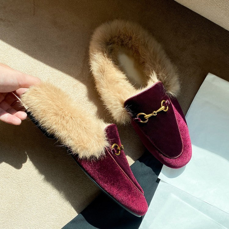 Women’s Rabbit Fur Slippers – Suede Flat Mules with Metal Detail
