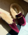 Women’s Rabbit Fur Slippers – Suede Flat Mules with Metal Detail