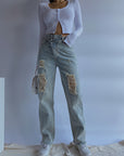 Women’s Slim Straight Loose Jeans – High Waist Distressed Denim