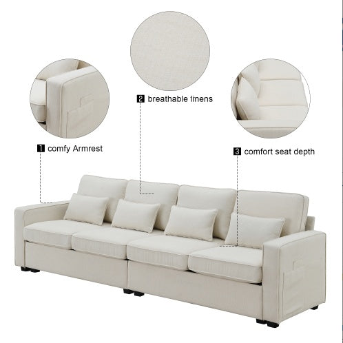 Seater Modern Linen Fabric Sofa With Armrest Pockets And 4 Pillows,Minimalist ( USA ONLY + 3 TO 5 DAYS SHIPPING)