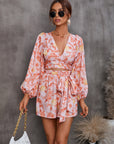 Women’s Autumn Floral V-Neck Long Sleeve Shorts Jumpsuit – Elegant Bohemian Chic Romper