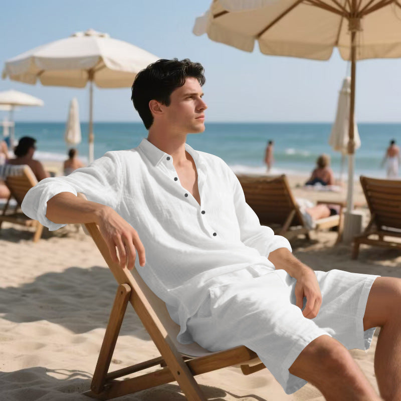 🌴 Men&#39;s Linen Beach Suit Set – Long Sleeve Shirt &amp; Casual Shorts (6 Colors) – Breathable Summer Style