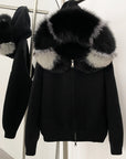 Women’s Hooded Spring Coat – Zipper Cardigan with Real Fox Fur Collar