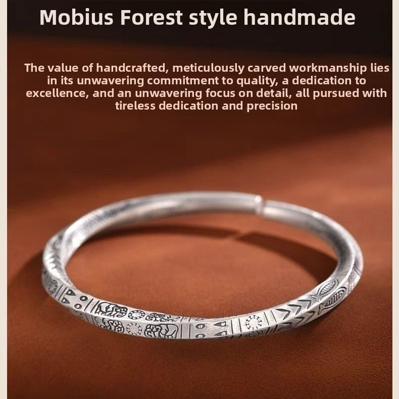 Men Möbius Ring 999 Pure Silver Bracelet – Solid Eternity Twist Bangle with Ethnic Vintage