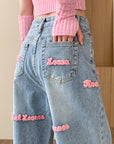 Women's Wide-leg Jeans Embroidered Letters Straight-leg Pants