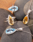 Women’s Natural Topaz & Citrine Necklace Set – 925 Silver Crystal Inlay Jewelry with Drop Pendant