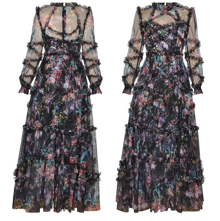 Women’s Elegant Organza Pleated Dress – Floral Long-Sleeve A-Line Apricot Midi Dress