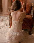 Women’s 3-Piece Lace Sheer Chemise Set – White Stretch Lingerie with Overcoat & Panty