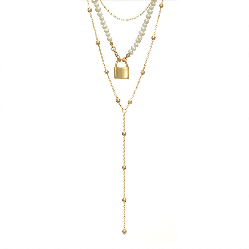 Women’s Gold-Plated Pearl Necklace – Small Lock Pendant Multi-Layer Cross Chain