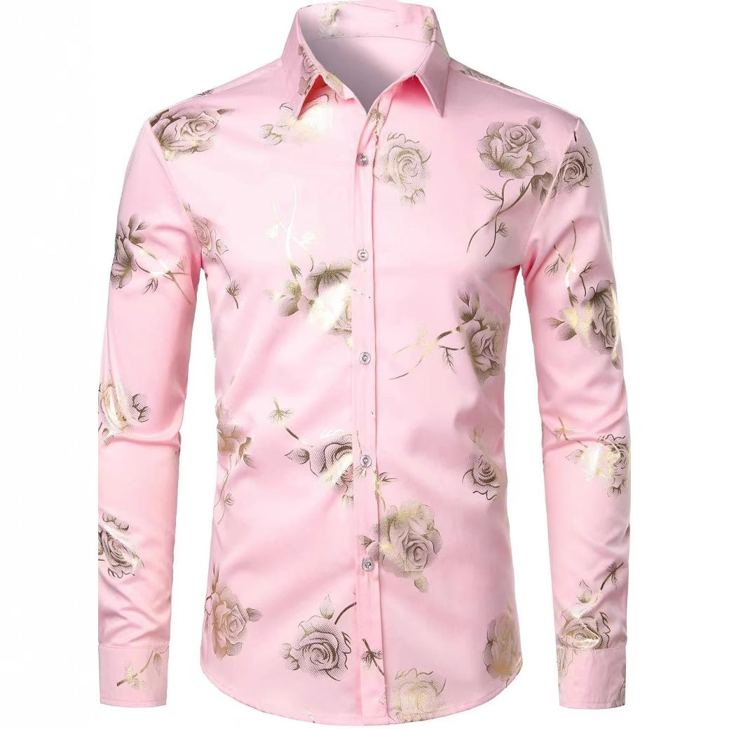 Men Floral Print Long Sleeve Shirt – 3D Digital Printed Stretch Slim Fit Urban Lapel Dress Shirt
