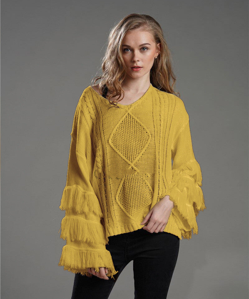 Loose Sweater Women Tassel Pure Color