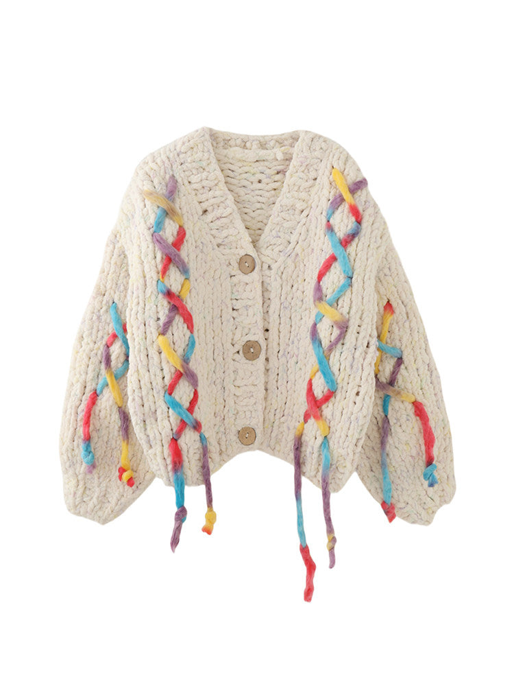 Women Chunky Knit Cardigan – Hand-Knitted V-Neck Single-Breasted Relaxed Fit Sweater