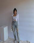 Women’s Slim Straight Loose Jeans – High Waist Distressed Denim