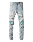 Baby Blue Wash Water Worn Patch Torn Jeans Male