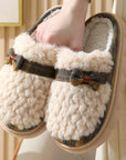 Winter Plush Slippers With Bow Button Design Indoor Non-slip Thick-soled Fur Home Slipper Fluffy Slides Household Warm Hose Shoes For Women