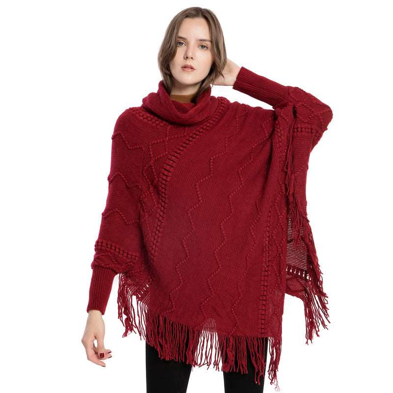 Acrylic Fringed Sweater High Collar Warm Sleeve Pullover Cloak