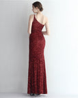 Women’s Handmade Beaded One-Shoulder Fishtail Dress – Sequined Split Long Banquet Gown