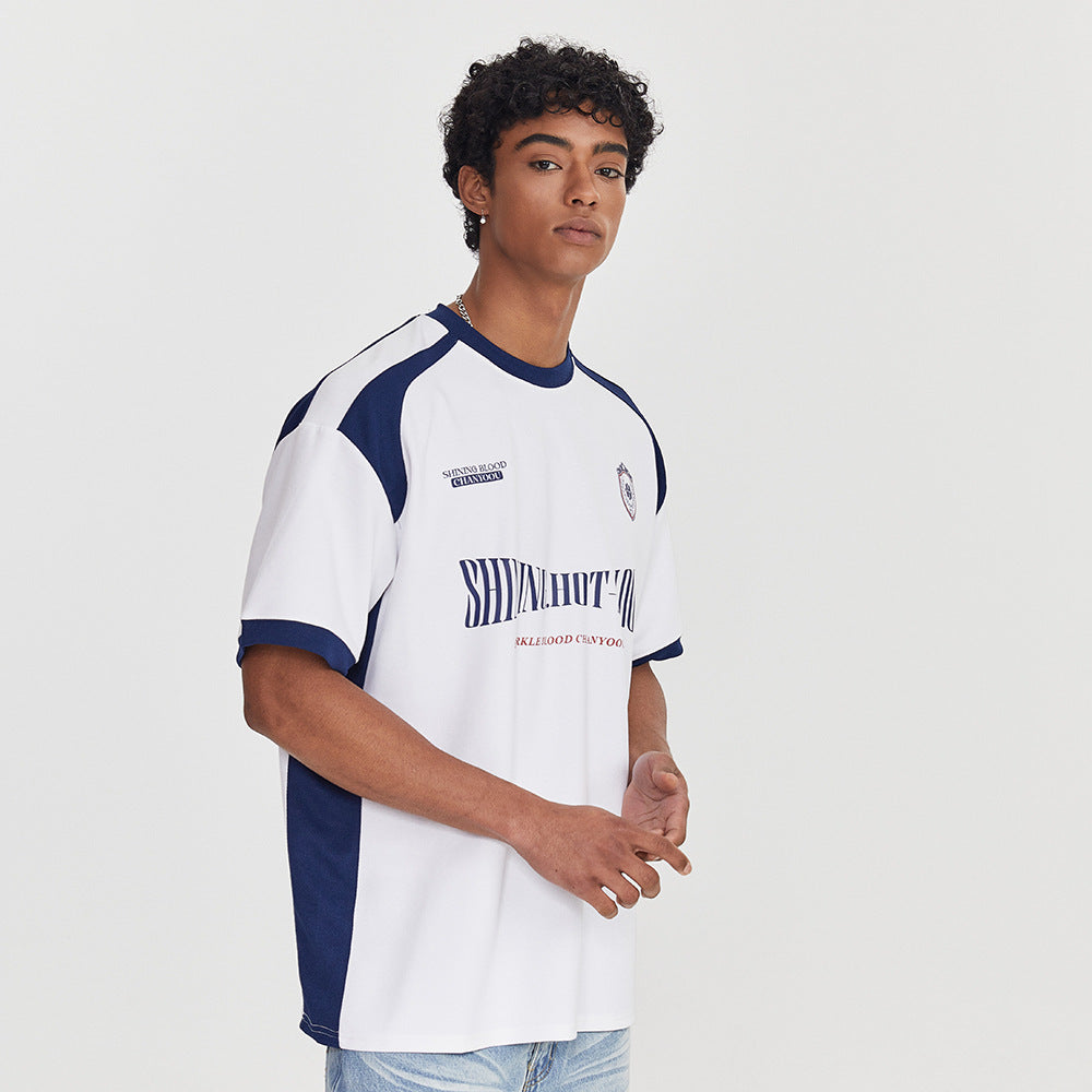 Men&#39;s Color Block Patchwork Sports T-Shirt - Contrast Letter Print Cotton Tee (White/Black/Red, S-XL) for Casual &amp; Streetwear