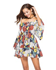 Women’s Printed Tie-Neck Dress – Elastic Waist, One-Shoulder Collar & Lotus Leaf Sleeves
