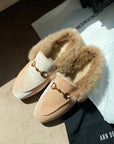 Women’s Rabbit Fur Slippers – Suede Flat Mules with Metal Detail