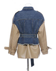 women Denim stitching leather jacket