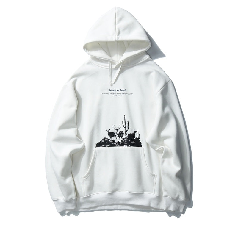 Men’s Hip Hop Winter Hoodie – Fleece Sweatshirt with Deer Print