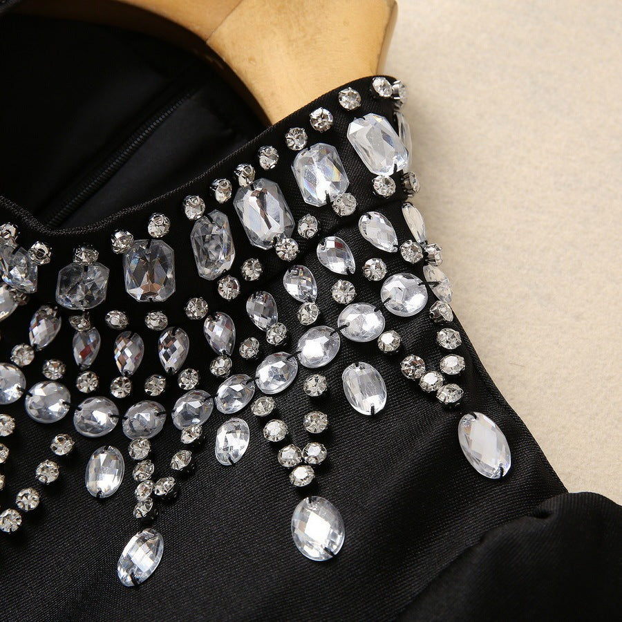 Women’s Handmade Rhinestone Stand-Up Collar Dress – Elegant Long-Sleeve Cinched Fit Design
